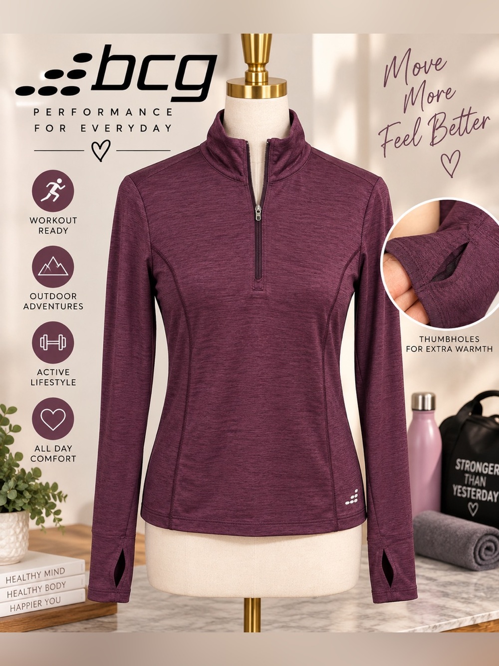BCG Women’s Purple Heather Quarter Zip Athletic Pullover Thumbholes Size S
